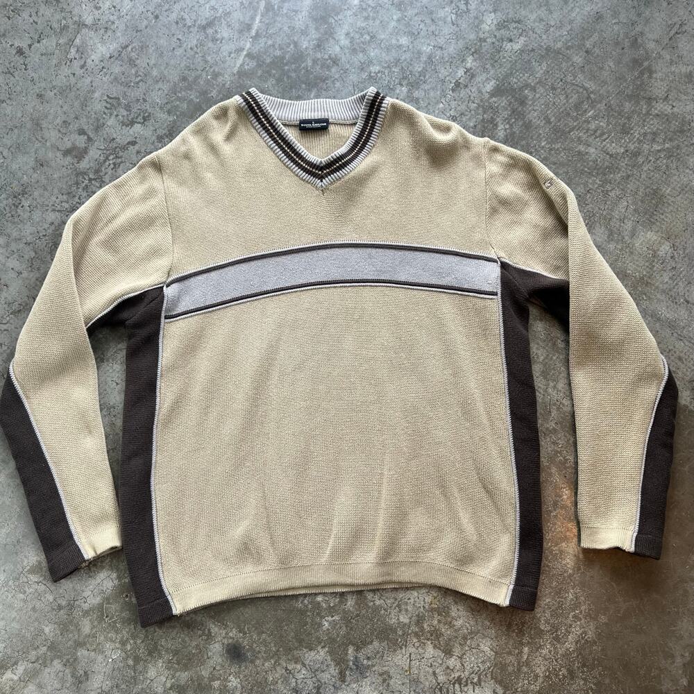 Vintage Tom Tailor 90s Sportswear V-Neck Sweater Earth Tone Paneled Knit Men's L